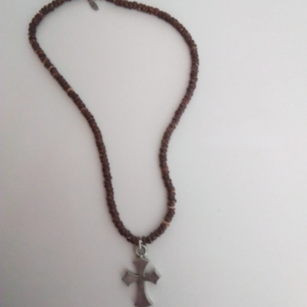 Silver Cross on Brown Bead Necklace